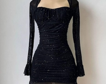 Elegant Woman Black Dress in Sparkling Lurex Fabric - Glamorous Lurex Black Dress for Women