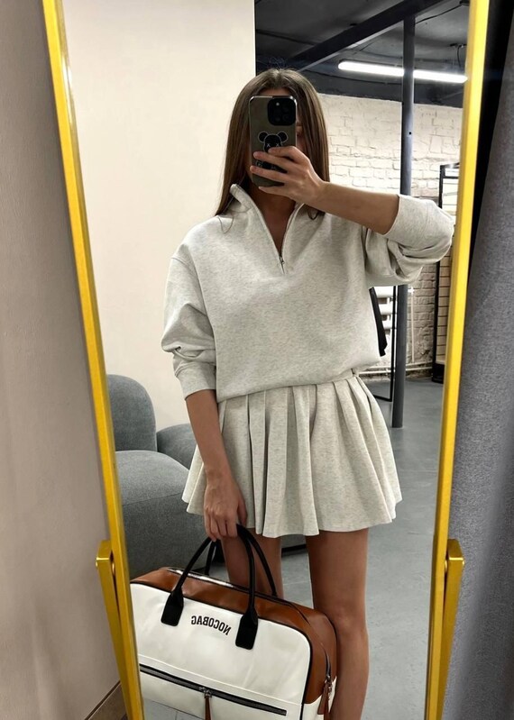 Trendy Sweatshirt Mini Skirt Set – Soft Two-thread Fabric, Gray