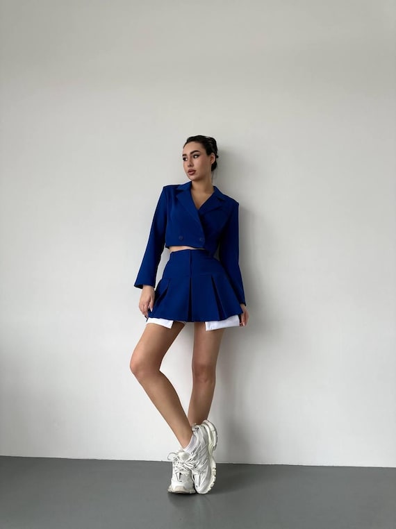 Cropped Blazer Mini Skirt Set: Low Rise Pleated Two-piece Suit