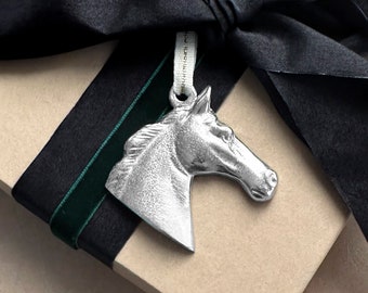 Pewter Equestrian Thoroughbred Ornament with Cotton Metallic Ribbon. Equestrian Keepsake Ornament. Stocking Stuffer.