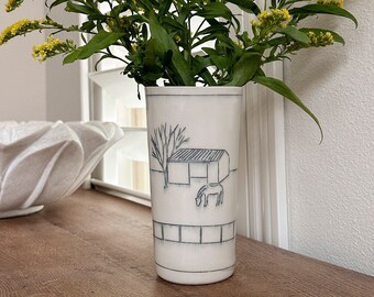 Ceramic Hand-Etched Equestrian Everyday Tall Vase. Handcrafted and Hand-Illustrated Vase. Equestrian Fine Art Ceramics.