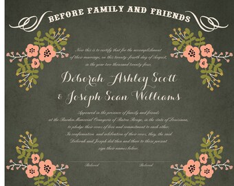 Quaker Marriage Certificate and Wedding Certificate - Folk Garland (Tea Pink Flowers)