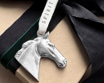Personalized Pewter Equestrian Thoroughbred Ornament with Cotton Ribbon. Hand-Stamped Personalized Equestrian Tree Ornament. Horse Name.