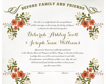 Certificado de matrimonio cuáquero y certificado de boda - Guirnalda folclórica (flores rojas)