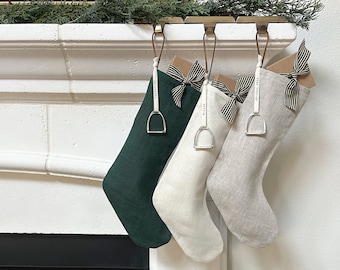 Equestrian Linen Holiday Stocking with Optional Hand-Stamped Personalized Pewter Stirrup or Horse Head Embellishment Ornament.