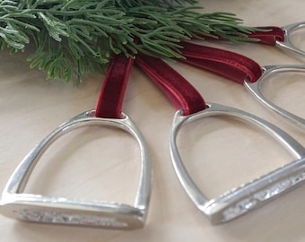 Set of Pewter Equestrian Stirrup Ornament with Velvet Ribbon. Horse-Themed Ornaments.