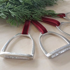 Set of Pewter Equestrian Stirrup Ornament with Velvet Ribbon. Horse-Themed Ornaments. Burgundy