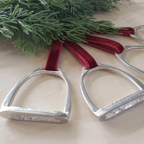 Set of Pewter Equestrian Stirrup Ornament with Velvet Ribbon. Horse-Themed Ornaments.