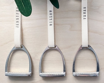 Personalized Pewter Equestrian Stirrup Ornament with Cotton Ribbon. Hand-Stamped Personalized Equestrian Tree Ornament. Horse Name.