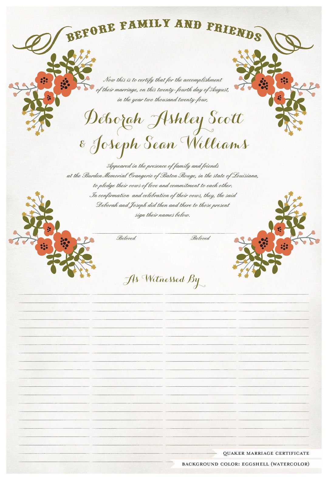 Quaker Marriage Certificate and Wedding Certificate - Folk Garland (red ...