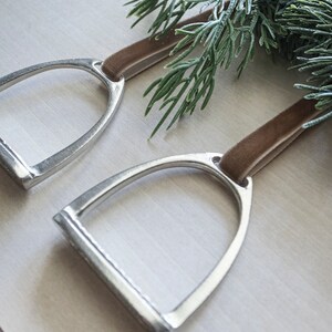 Set of Pewter Equestrian Stirrup Ornament with Velvet Ribbon. Horse-Themed Ornaments. Antique Gold