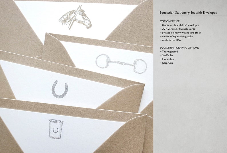 Equestrian Stationery Set with Envelopes. Thoroughbred. Snaffle Bit. Horseshoe. Julep Cup. image 1