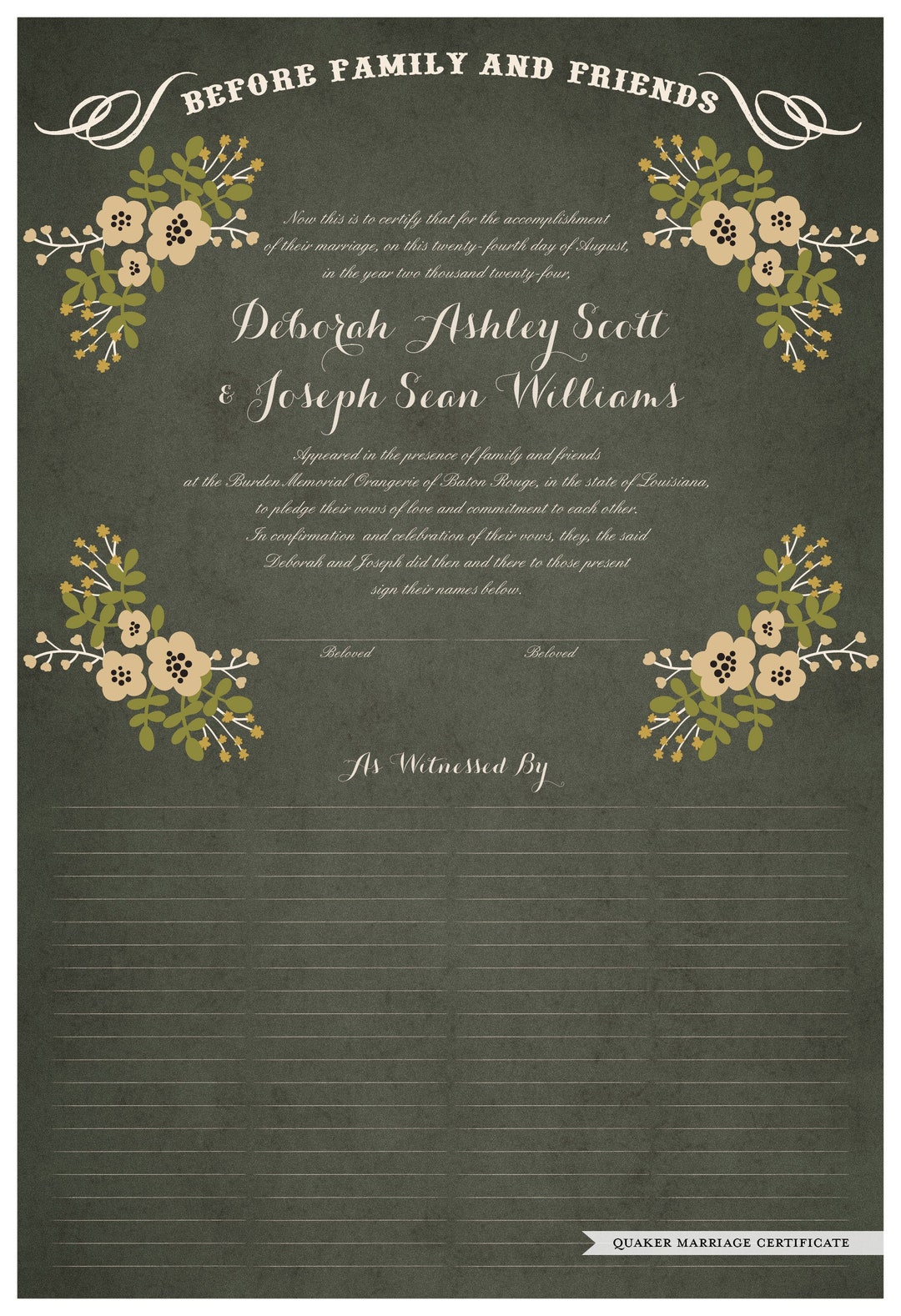 Quaker Marriage Certificate and Wedding Certificate Folk - Etsy