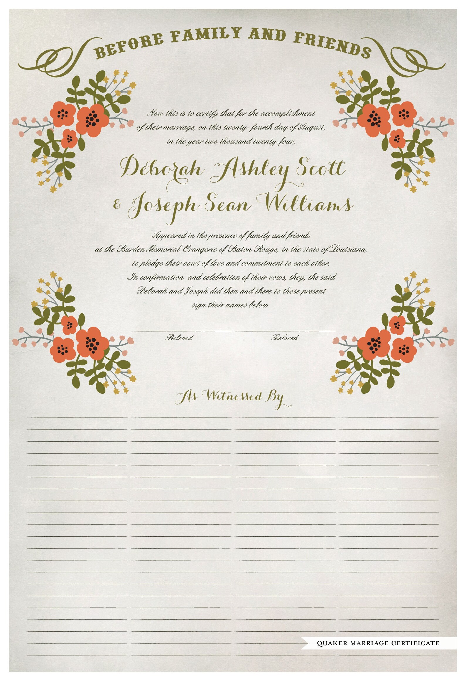 Quaker Marriage Certificate and Wedding Certificate Folk - Etsy