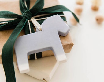 Hand-Dipped Ceramic Dala Horse Ornament with Cotton Metallic Ribbon. Equestrian Keepsake Ornament. Stocking Stuffer.