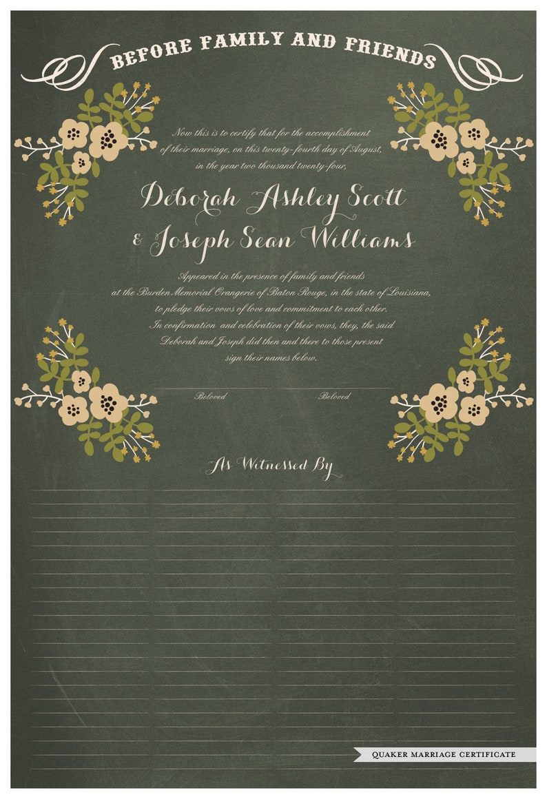 chalkboard mosstea pink flowers Folk Garland Quaker Marriage Certificate and Wedding Certificate