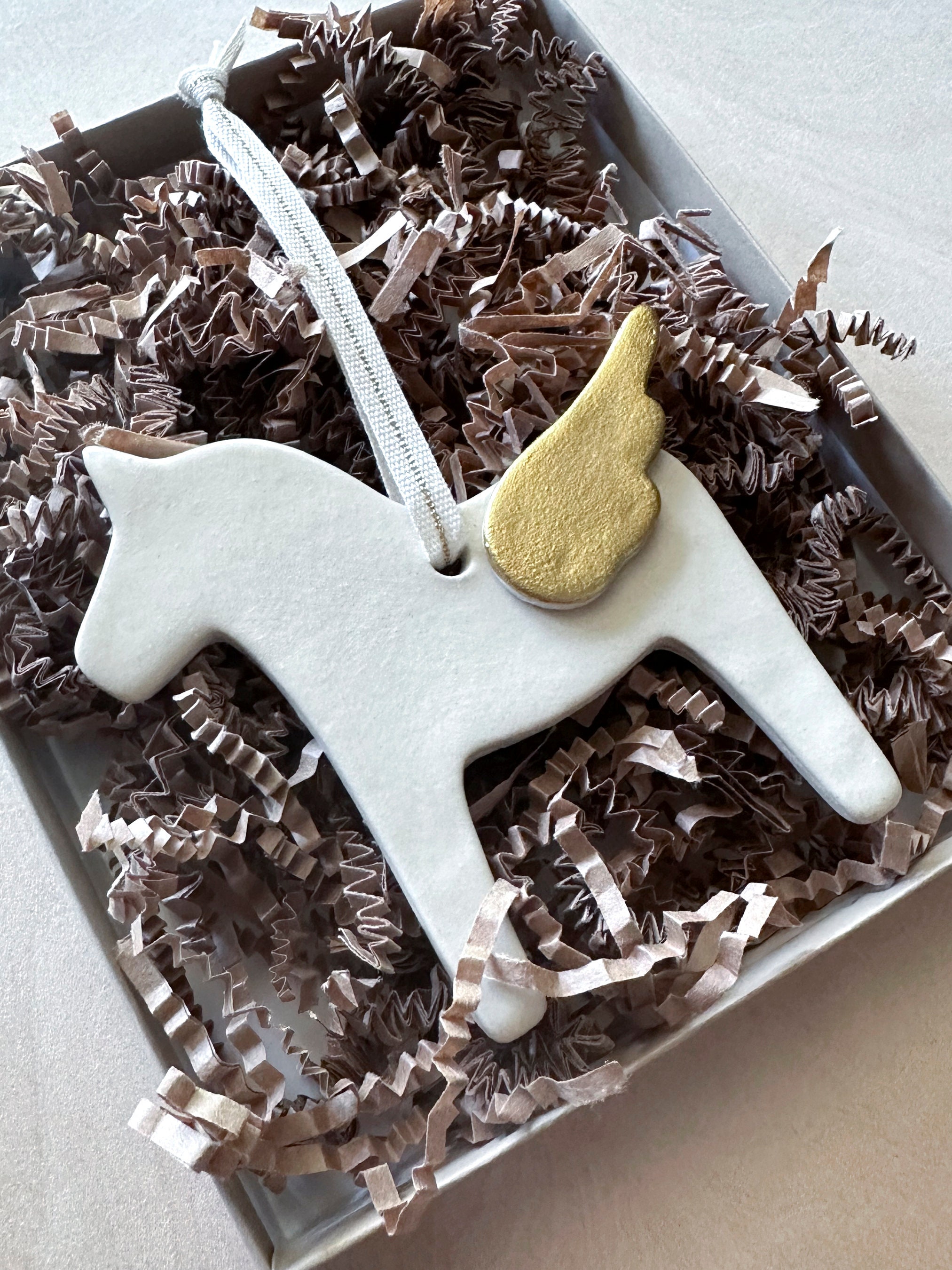 Ceramic Dala Horse Ornament with Gold or Silver Angel Wing. Equestrian Keepsake Ornament. Horse Sympathy Gift.