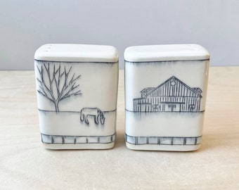 Ceramic Hand-Etched Equestrian Salt and Pepper Shakers. Equestrian Table Settings. Equestrian Fine Art Ceramics.
