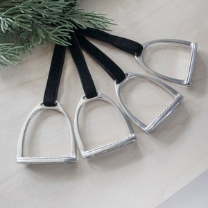 Set of Pewter Equestrian Stirrup Ornament with Velvet Ribbon. Horse-Themed Ornaments. Black