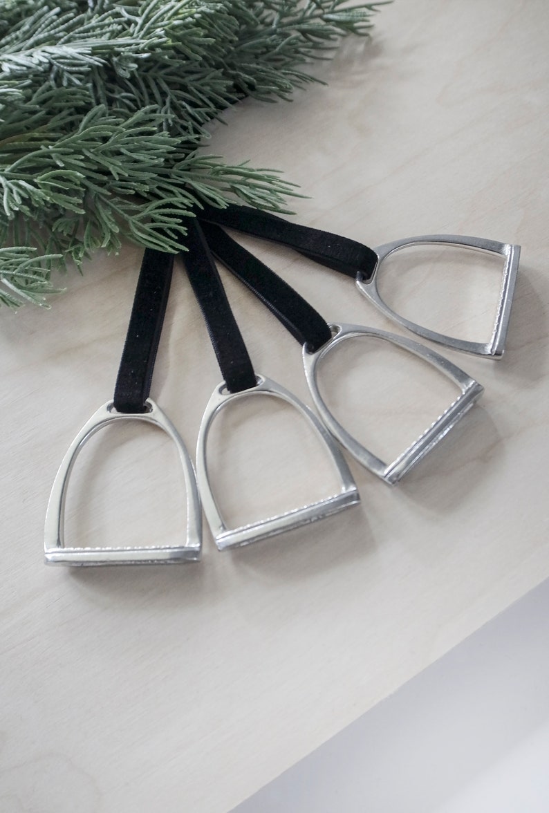 Set of Pewter Equestrian Stirrup Ornament with Velvet Ribbon. Horse-Themed Ornaments. Black