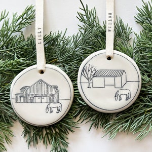 Personalized Ceramic Hand-Etched Equestrian Ornament with Personalized Hand-Stamped Cotton Ribbon. Equestrian Tree Ornament. Horse Name.