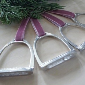 Set of Pewter Equestrian Stirrup Ornament with Velvet Ribbon. Horse-Themed Ornaments. Rose