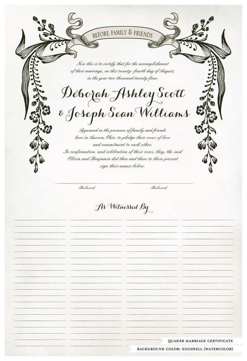 Quaker Marriage Certificate and Wedding Certificate Wild | Etsy