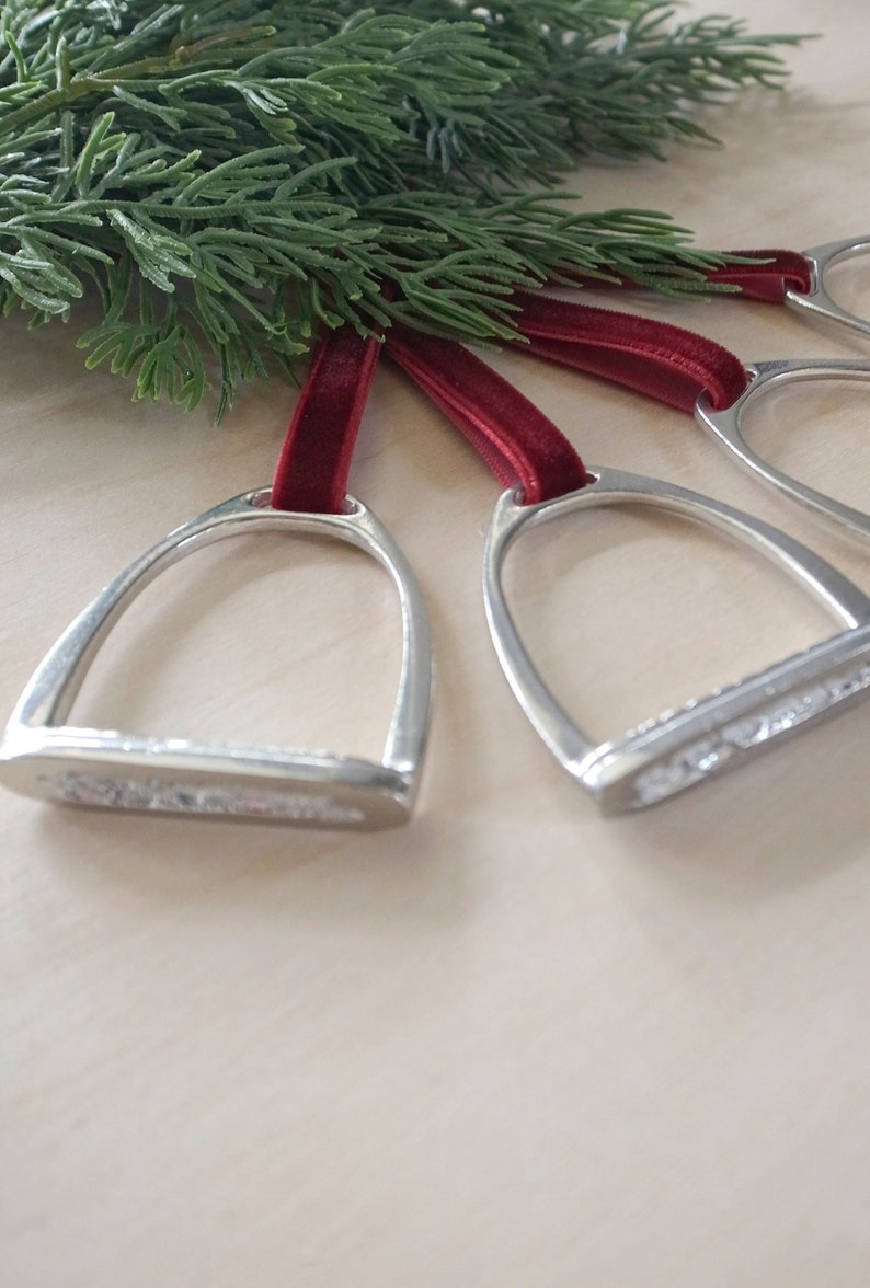 Set of Pewter Equestrian Stirrup Ornament with Velvet Ribbon. Horse-Themed Ornaments. Burgundy