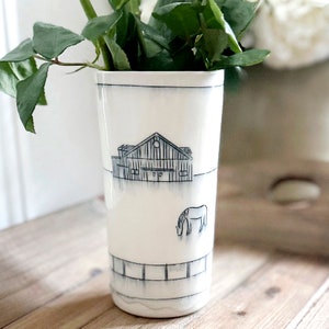 Ceramic Hand-Etched Equestrian Everyday Tall Vase. Handcrafted and Hand-Illustrated Vase. Equestrian Fine Art Ceramics.