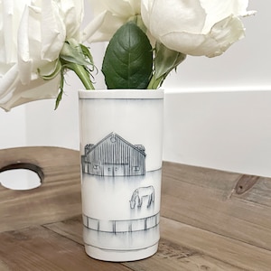 Ceramic Hand-Etched Equestrian Everyday Bud Vase. Handcrafted and Hand-Illustrated Bud Vase. Equestrian Fine Art Ceramics.