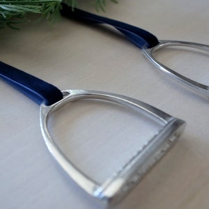 Set of Pewter Equestrian Stirrup Ornament with Velvet Ribbon. Horse-Themed Ornaments. Navy