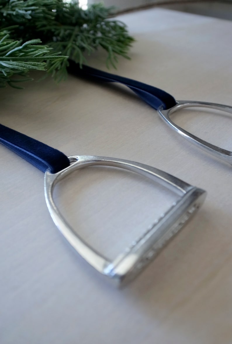 Set of Pewter Equestrian Stirrup Ornament with Velvet Ribbon. Horse-Themed Ornaments. Navy