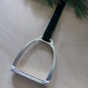 Set of Pewter Equestrian Stirrup Ornament with Velvet Ribbon. Horse-Themed Ornaments. Hunter Green