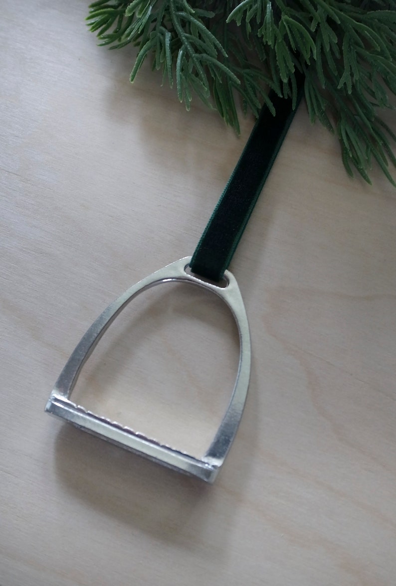 Set of Pewter Equestrian Stirrup Ornament with Velvet Ribbon. Horse-Themed Ornaments. Hunter Green