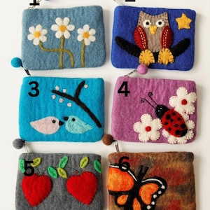 Monedero de fieltro de lana hecho a mano / Lindo bolso con diseño de animales y flores / Monedero pequeño con cremallera / Minibolso de fieltro ecológico / Regalo único para ella