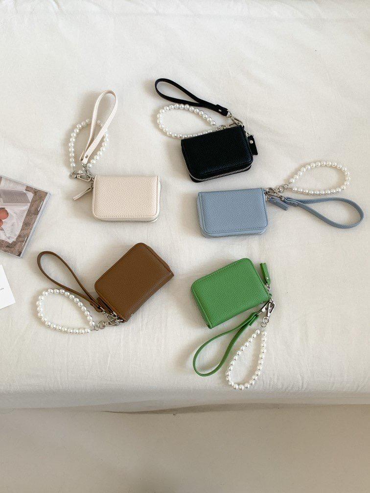 Pearl Wristlet Wallet, Mini Card Holder, Zipper Coin Purse, Small