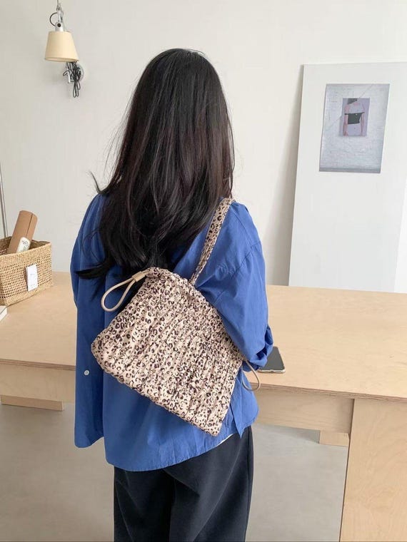 Ruched Nylon Shoulder Bag, Scrunch Tote Purse, Leopard Print 