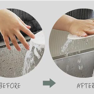 K&ouml;nnte beinhalten: Ein Vergleichsbild, das einen wei&szlig;en Teller zeigt, der unter einem Wasserhahn abgesp&uuml;lt wird. Der linke Kreis mit der Beschriftung BEFORE zeigt Wasser, das &uuml;ber den Tellerrand flie&szlig;t. Der rechte Kreis mit AFTER zeigt das Absp&uuml;len unter Wasser.