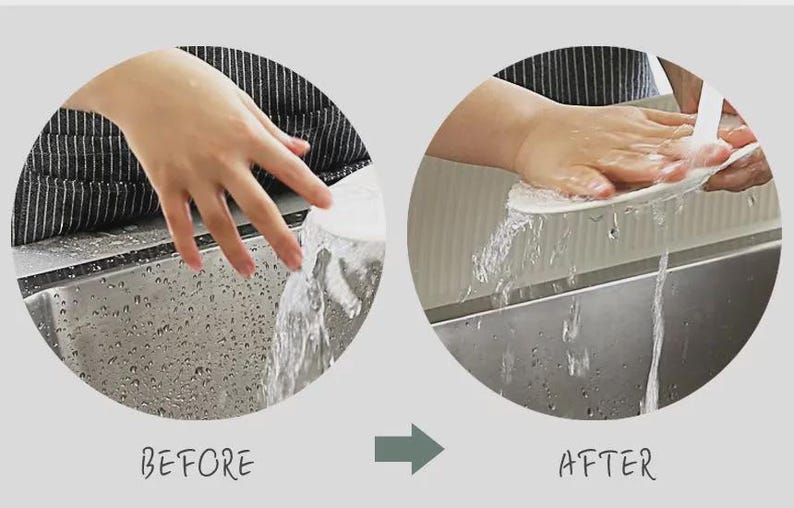K&ouml;nnte beinhalten: Ein Vergleichsbild, das einen wei&szlig;en Teller zeigt, der unter einem Wasserhahn abgesp&uuml;lt wird. Der linke Kreis mit der Beschriftung BEFORE zeigt Wasser, das &uuml;ber den Tellerrand flie&szlig;t. Der rechte Kreis mit AFTER zeigt das Absp&uuml;len unter Wasser.