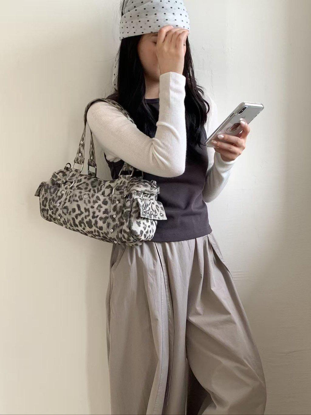 Leopard Print Shoulder Bag, Y2K Retro Boston Purse, Faux Suede