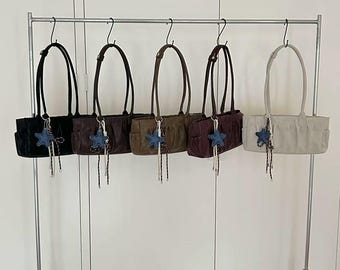 Soft Vegan Leather Baguette Shoulder Bag with Star Charm, Vintage Y2K Underarm Purse, Everyday Minimalist Handbag Gift for Her