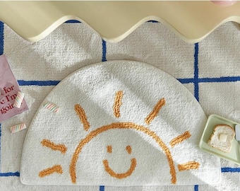 Smiling Sun Bath Mat – Cute Half Circle Rug for Kids Bathroom or Nursery, Non-Slip Plush Mat, Yellow & Ivory Aesthetic Decor