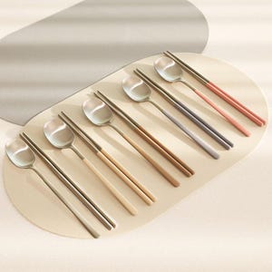 Stainless Steel Chopstick and Spoon Set – Modern Flatware – Minimalist Reusable Cutlery – Dishwasher Safe – Set for 1 or 4 – Gift