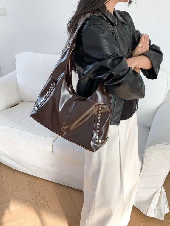 Studded Hobo Shoulder Bag, Glossy Faux Leather Slouchy Tote, Y2K 