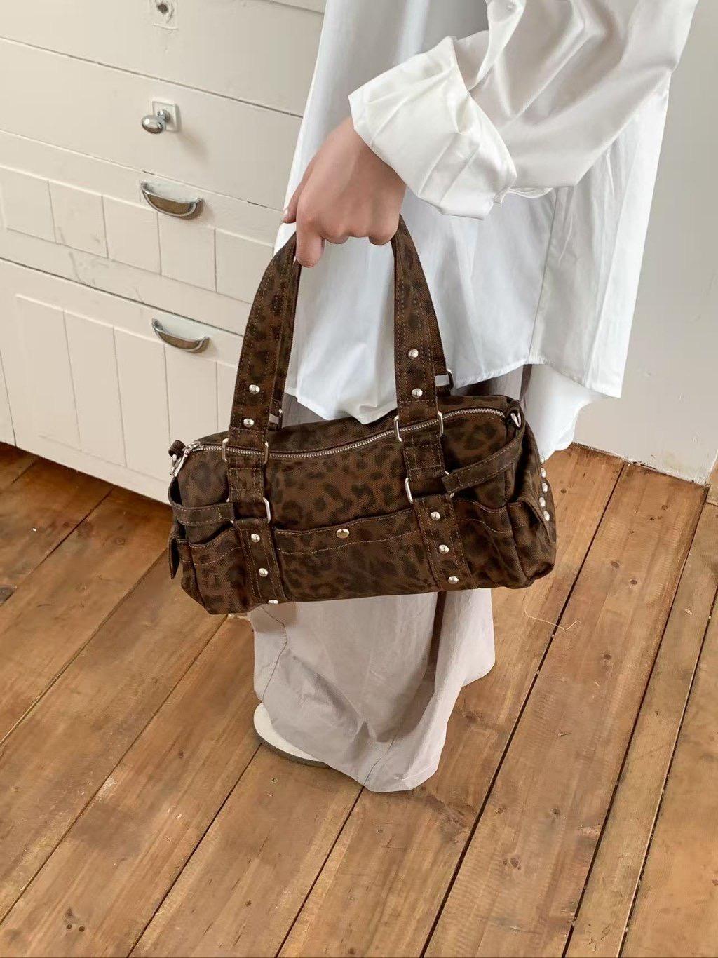 Leopard Print Shoulder Bag, Y2K Retro Boston Purse, Faux Suede