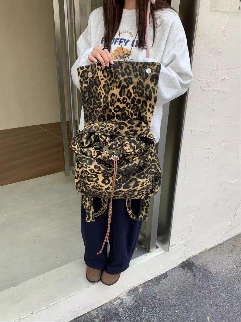 Leopard Print Backpack | Y2K Retro Animal Print Rucksack | Casual ...