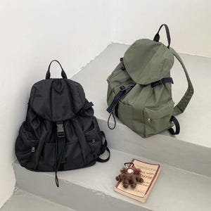Minimal Nylon Backpack Purse, Drawstring Rucksack, Black/Olive, Lightweight Everyday Daypack, Student Travel Commuter Bag