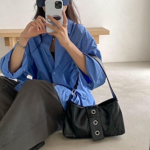 Retro Faux Leather Shoulder Bag with Grommet Strap Detail, Small Baguette Purse, Minimalist Underarm Bag, 90s Y2K Style, Gift for Her
