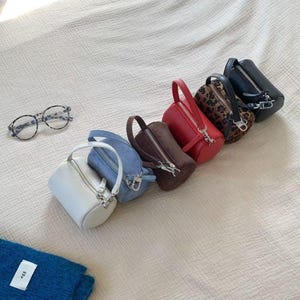 Könnte beinhalten: Eine Sammlung kleiner, zylindrischer Handtaschen in verschiedenen Farben, darunter Weiß, Jeansblau, Braun, Rot, Leopardenmuster und Schwarz. Jede Tasche hat einen oberen Griff und einen silbernen Reißverschluss. Eine runde Brille und ein blauer Schal sind ebenfalls zu sehen.