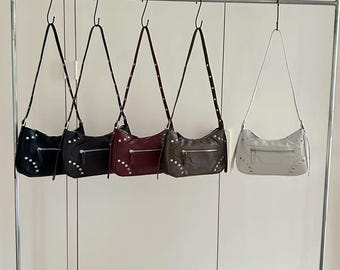 Y2K Studded Shoulder Bag with Adjustable Strap, Vegan Leather Baguette Purse, 90s Mini Crossbody Handbag, Black White Brown Ivory